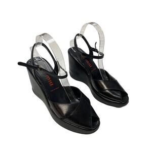 90s Miu Miu Black Leather Platform Sandals